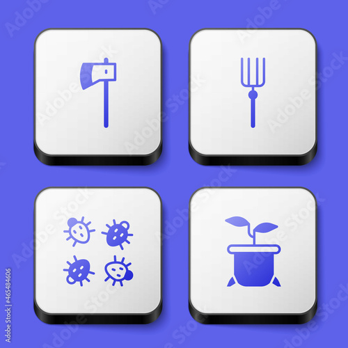 Set Wooden axe, Garden pitchfork, Colorado beetle and Plant in pot icon. White square button. Vector