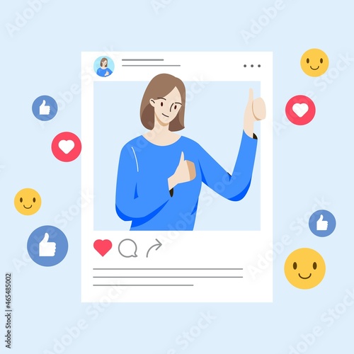 Female thumbs up in social media post. Social media concept. Hand draw style. Vector illustration.