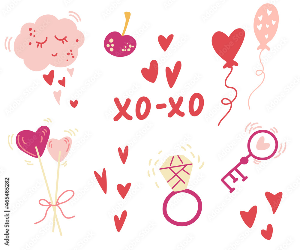 Romantic elements for Valentine's day. Sweets, lollipops, clouds, hearts, rings, balls and key. Vector illustrations for invitation, stickers, greeting cards, etc Romantic elements for Valentine's day. Sweets, lollipops, clouds, hearts, rings, balls and key. Vector illustrations for invitation, stickers, greeting cards, etc