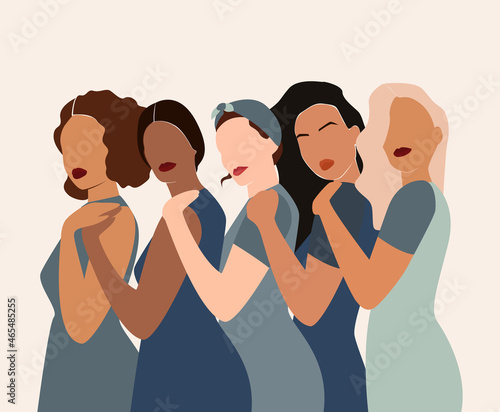 Happy women's day card with Five women of different ethnicities and cultures stand side by side together. Strong and brave girls support each other. Sisterhood and females friendship. Vector