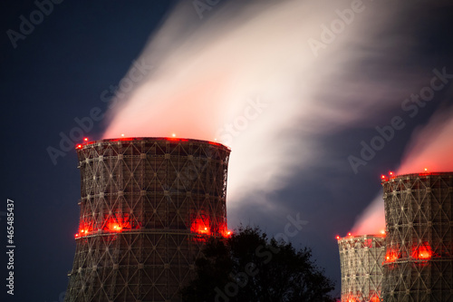radiation near a nuclear power plant close up. Night emissions
