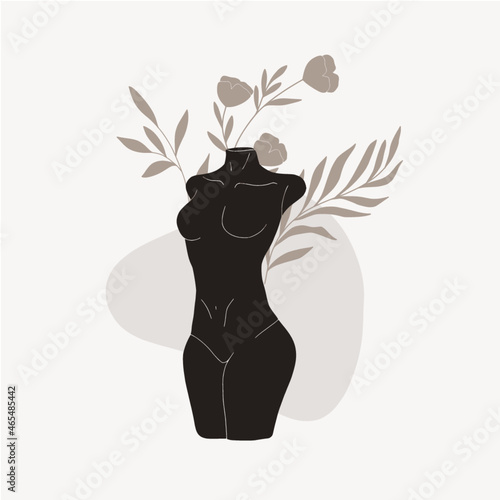 Bohemian minimal flat woman vector illustrations with floral elements and abstract shapes. 
