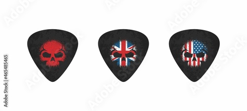 Set of color illustrations skull, guitar pick, flag on white background. Designer element for poster, emblems, icon, stickers. Vector illustration with grunge texture. Musical symbolism.