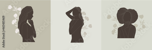 Bohemian minimal flat woman vector illustrations with floral elements and abstract shapes. 