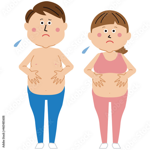 ポップな太ってしまった男女　お腹を押さえて困る