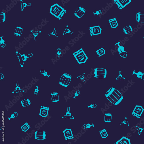 Set Sausage on the fork, Glass of beer, Street signboard with and Wooden barrel on seamless pattern. Vector