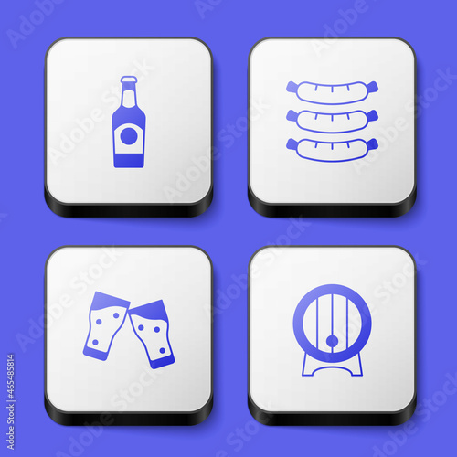 Set Beer bottle, Sausage, Glass of beer and Wooden barrel on rack icon. White square button. Vector