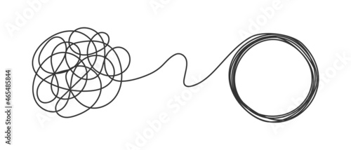 Chaos and order business concept flat style design vector illustration isolated on white background. Tangled disorder turns into circle order line, find solution. Coaching, mentoring or psychotherapy.