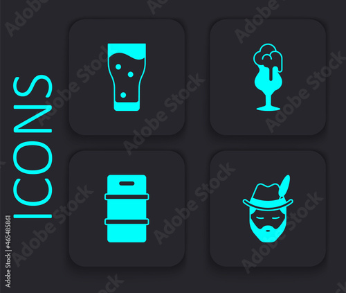 Set Oktoberfest man, Glass of beer, and Metal keg icon. Black square button. Vector