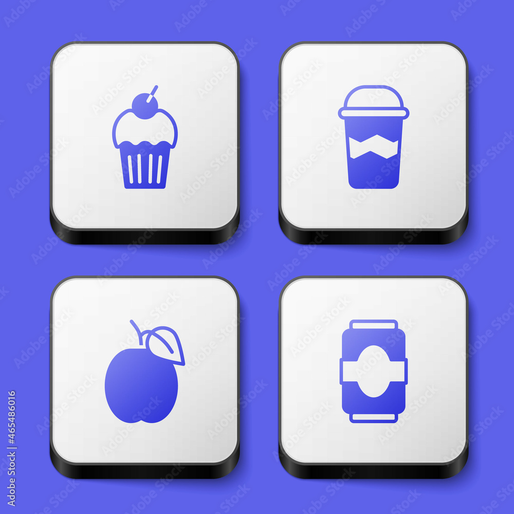 Set Muffin, Coffee cup to go, Plum fruit and Soda can icon. White square button. Vector Set Muffin, Coffee cup to go, Plum fruit and Soda can icon. White square button. Vector