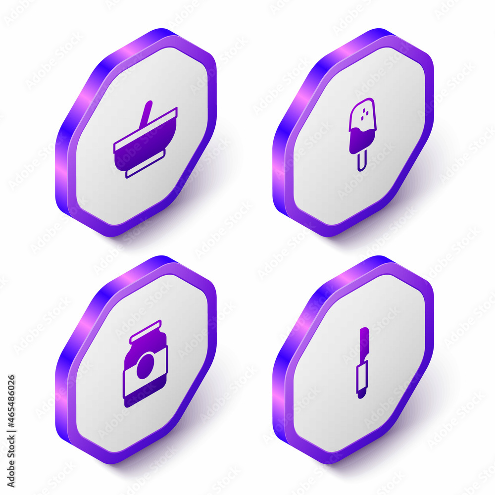 Set Isometric Mortar and pestle, Ice cream, Jam jar and Knife icon. Purple hexagon button. Vector Set Isometric Mortar and pestle, Ice cream, Jam jar and Knife icon. Purple hexagon button. Vector