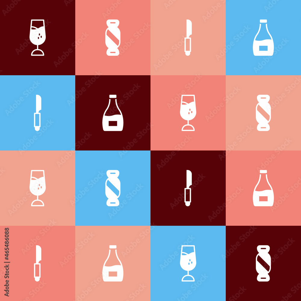 Set pop art Wine glass, Candy, Knife and Sauce bottle icon. Vector Set pop art Wine glass, Candy, Knife and Sauce bottle icon. Vector