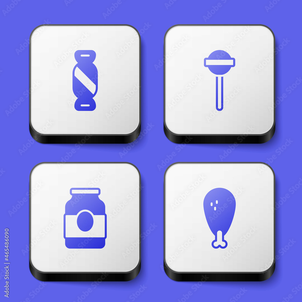 Set Candy, Lollipop, Jam jar and Chicken leg icon. White square button. Vector Set Candy, Lollipop, Jam jar and Chicken leg icon. White square button. Vector