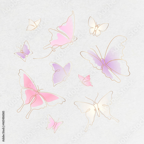 Flying butterfly sticker, pink gradient line art vector animal illustration set