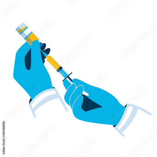 Icon plastic medical syringe with needle and vial, vaccination concept, injection, isolated vector illustration. Doctor, nurse, scientist, researcher hand in blue gloves holding  coronavirus, covid-19