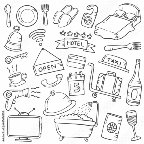 hospitality concept doodle hand drawn set collections with outline black and white style