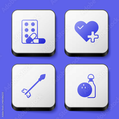 Set Sports doping with dumbbell, Heart rate, Medieval arrows and Bowling and ball icon. White square button. Vector