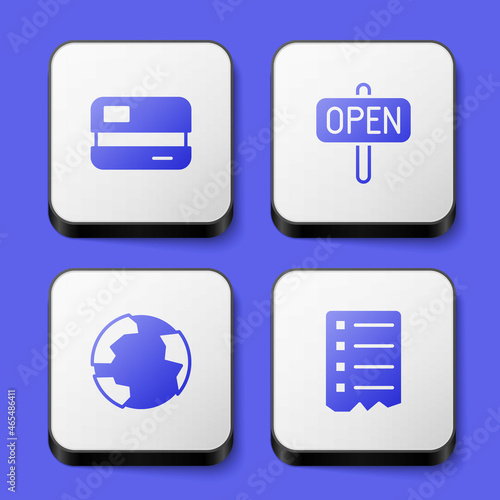 Set Credit card, Hanging sign with text Open, Worldwide and Shopping list icon. White square button. Vector