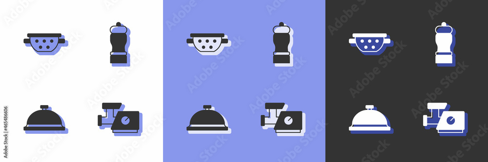 Set Kitchen meat grinder, colander, Covered with tray of food and Pepper icon. Vector Set Kitchen meat grinder, colander, Covered with tray of food and Pepper icon. Vector
