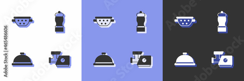 Set Kitchen meat grinder, colander, Covered with tray of food and Pepper icon. Vector