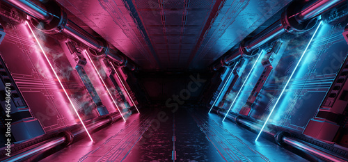 Blue and pink spaceship interior with neon lights on panel walls. Futuristic corridor in space station background. 3d rendering