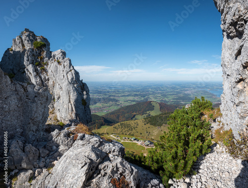 view from Kampenwand mountain summit to top station and Chiemgau landscape