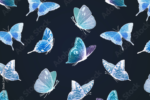 Neon butterfly pattern background, holographic blue design on black vector photo