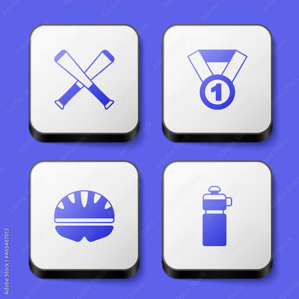 Set Crossed baseball bat, Medal, Bicycle helmet and Fitness shaker icon. White square button. Vector Set Crossed baseball bat, Medal, Bicycle helmet and Fitness shaker icon. White square button. Vector