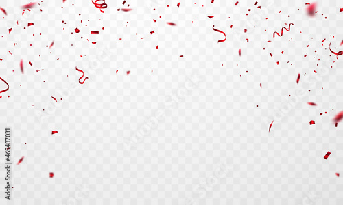 Template for celebration background with confetti and red ribbon.