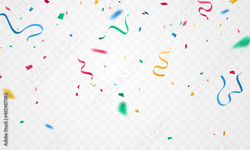 Celebration background template with confetti and colorful ribbons.