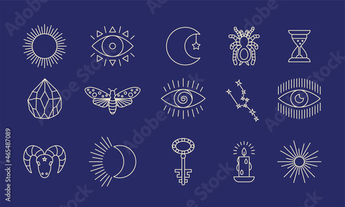 Mystical and mysterious objects collection one line style. Alchemy and esoteric, witchcraft magician icon set