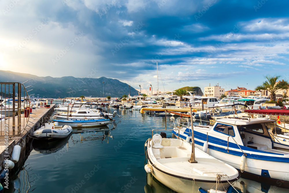 Budva marina with boats, beautiful harbour view, Montenegro