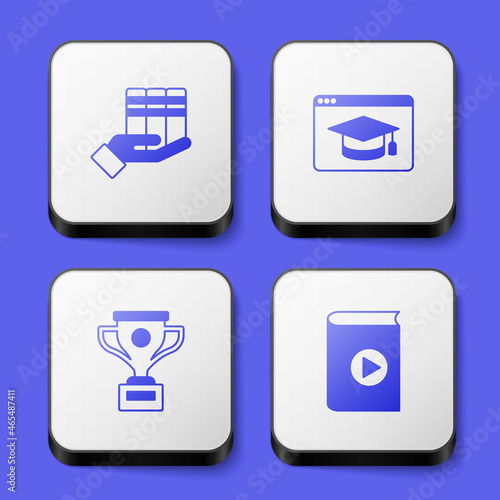 Set Book donation, Online education, Award cup and Audio book icon. White square button. Vector