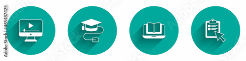 Set Online play video, Graduation cap with mouse, class and quiz, test, survey icon with long shadow. Vector