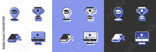 Set Online play video, education, book and Award cup icon. Vector