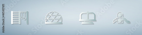 Set Swedish wall, Playground climbing equipment, Attraction carousel and Slide playground. Paper art style. Vector
