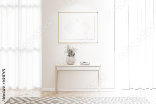 A sketch becomes a real room with a horizontal poster on the wall between large windows with transparent curtains, a vase with dried flowers on the console, a carpet on the parquet floor. 3d render