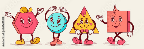 Retro funny Character Geometric Figures with face emotions, hands and legs. Different shapes. Hand drawn trendy Vector illustration for kids education.Elements are isolated.