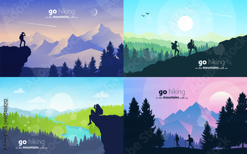 Adventure. Hiking tourism. Travel concept of discovering, exploring, and observing nature. Minimalist graphic flyers. Polygonal flat design for coupons, vouchers, gift cards. Vector illustrations set.
