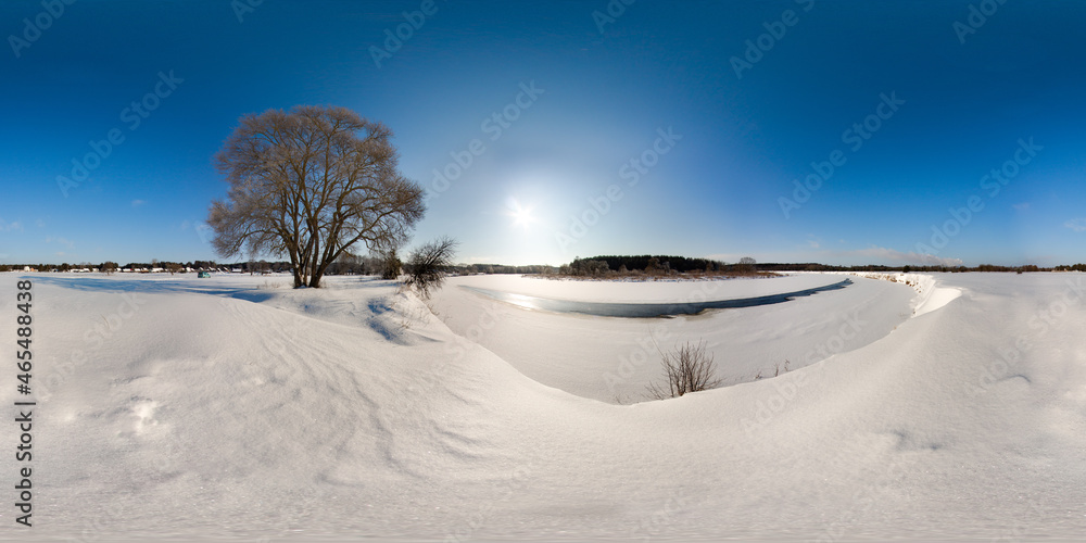 Amazing landscape with blue sky sun snow river trees at winter 3D spherical  panorama with 360 degree viewing angle Ready for virtual reality vr Full  equirectangular projection foto de Stock | Adobe Stock