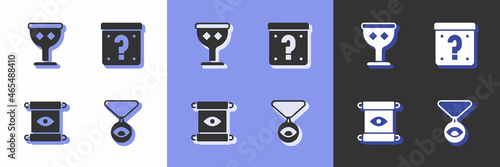 Set Medallion on chain with eye, Medieval goblet, Magic scroll and Mystery box icon. Vector