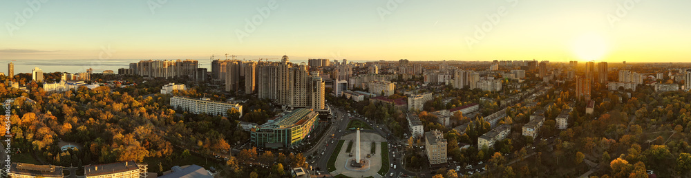 Sunset on St. Genoese in Odessa Ukraine. Autumn city landscape, drone footage.