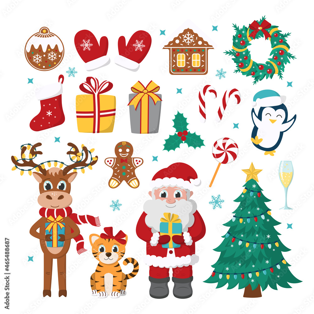 Cartoon winter collection with traditional holiday elements of Christmas or New Year. Isolated objects for seasonal greeting cards, posters, banners. Flat vector illustration Cartoon winter collection with traditional holiday elements of Christmas or New Year. Isolated objects for seasonal greeting cards, posters, banners. Flat vector illustration