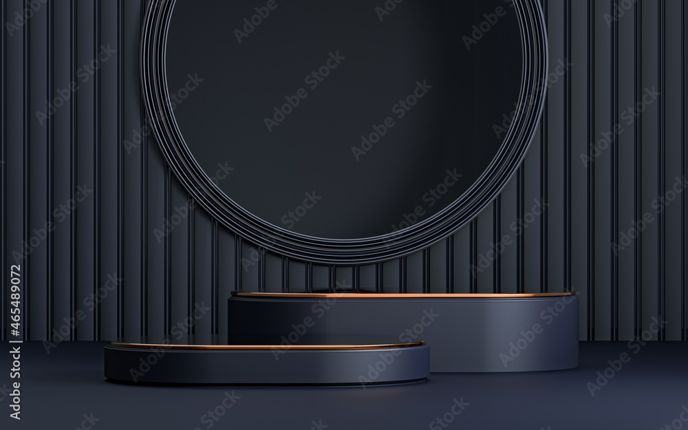 3d rendering dark podium studio on the floor with geometric shapes Platform for product promotion