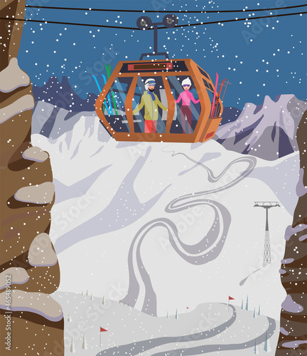 Christmas at a ski resort. Funicular in the Alps. Vector.