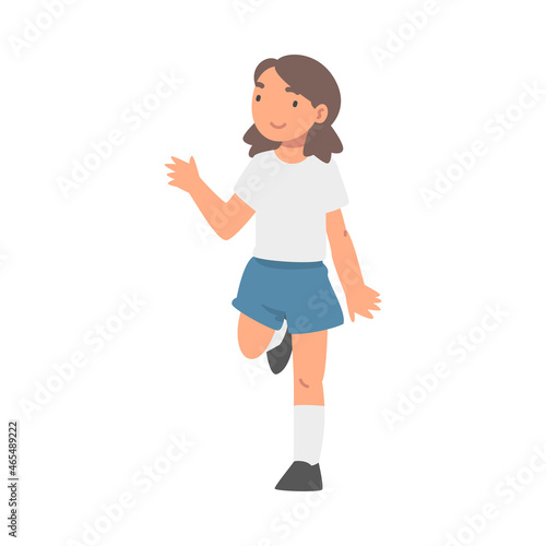 Happy Little Girl Walking Waving Her Hands Vector Illustration