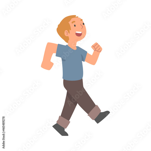 Happy Little Boy Walking Looking Up at Someone Vector Illustration