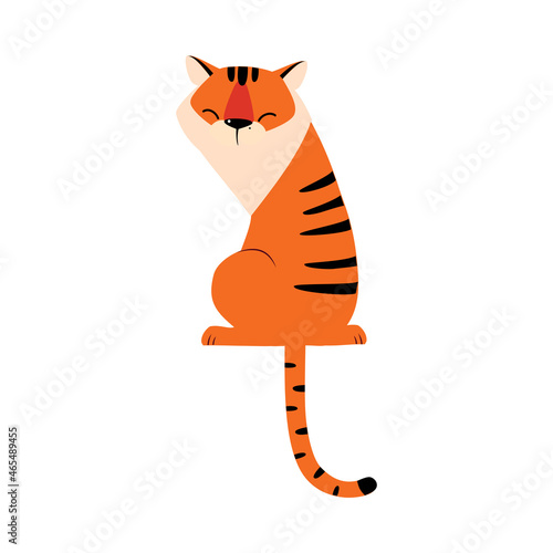 Sitting Striped Tiger with Orange Fur Vector Illustration