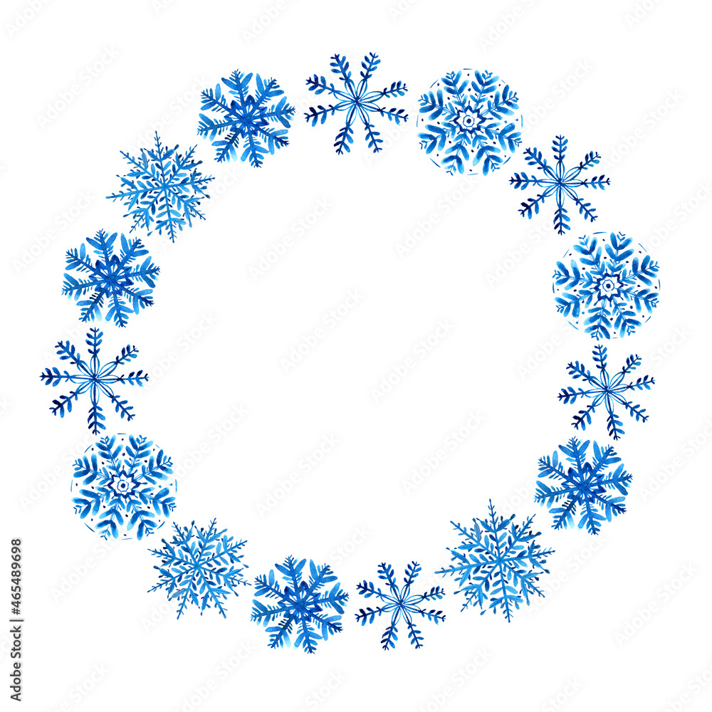 Winter wreath with blue watercolor snowflakes on white background. Circle. Winter wreath with blue watercolor snowflakes on white background. Circle.