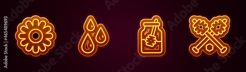 Set line Flower, Drops of honey, Jar and dipper stick and Honey. Glowing neon icon. Vector